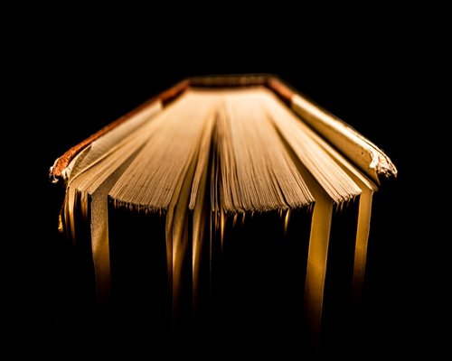 Close up of an open book illuminated by warm lamp light